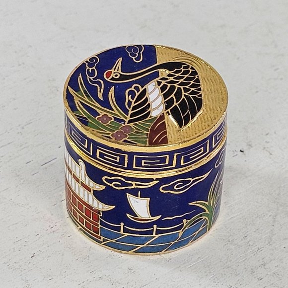 Vintage Cloisonne Enamel Miniature Trinket Snuff Crane Bird Lidded - Picture 6 of 9